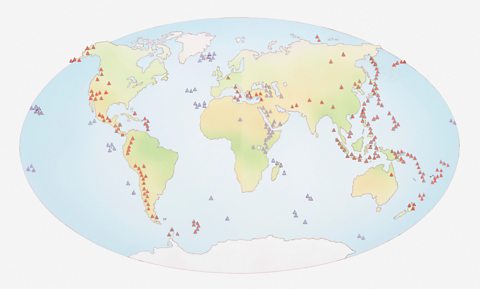 Map of the world showing sites of volcanic activity around the borders of tectonic plates.