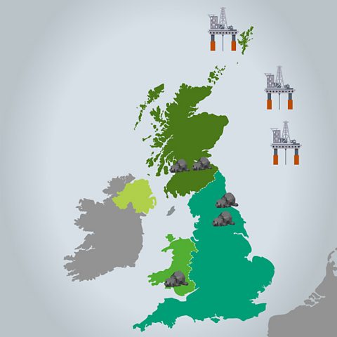 A map of the UK showing the location of some of its coal mines and oil rigs