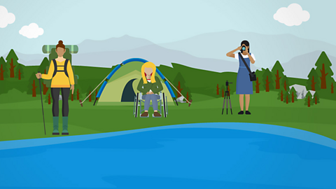 An illustration of a camper, walker and photographer at a National Park