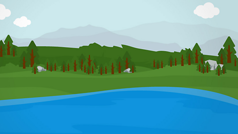 An illustration of a countryside scene with a lake, trees and hills in the distance