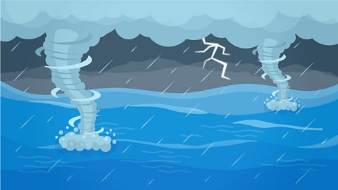 An illustration of a storm with hurricanes