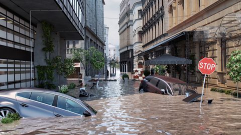 Flooding in a city. Cars are floating in water.