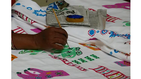 Ellen Rock Creating bold, graphic prints, Ellen Rock collaborated with Madhumala Mandal and other women hand painters of Mithila, Nepal (Credit: Ellen Rock)