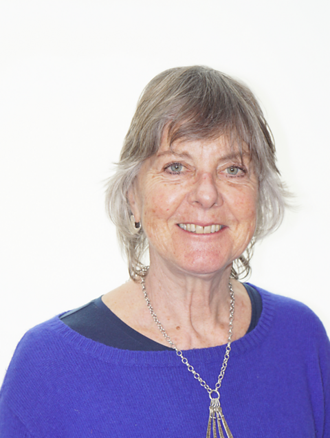 Miranda McKearney smiling, wearing a blue jumper and a larger dangling necklace.