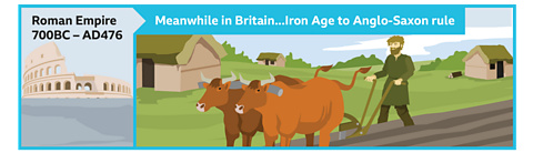 Illustration showing that during the Roman Empire (700BC - AD476) the Iron Age to Anglo-Saxon rule was taking place in Britain.