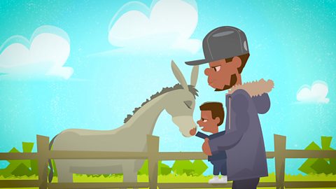 An illustration of a dad and young son petting a donkey at a farm.