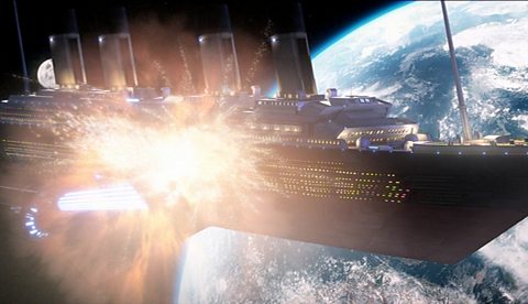 An image of a large boat exploding in space above the earth. It is a shot from Doctor Who, Voyage of the Damned.