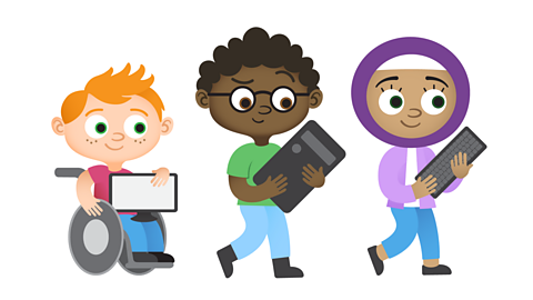 Illustrated characters carrying the parts of a computer