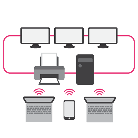 Illustrated devices connected to a network by wires and by wi-fi.