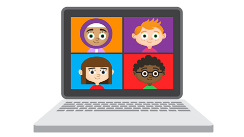 Illustrated laptop screen showing 4 characters on a video call.