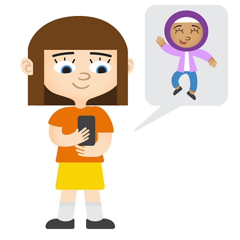 Illustrated character receiving a video in a message