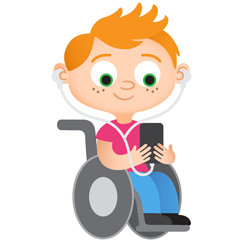 Illustrated boy in wheelchair listens to some music on his smartphone.