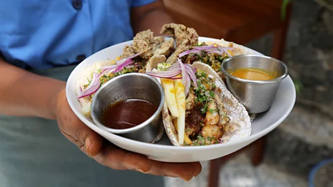 Amelia Martyn-Hemphill Cassava bread tortillas with grilled mackerel and crispy minnows, mango and ground chilli (Credit: Amelia Martyn-Hemphill)