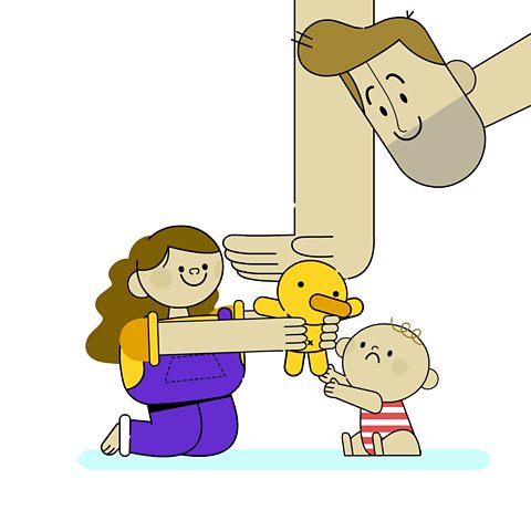 An illustration of a man helping his two children share a toy and play together on the floor. One child is older than the other, who is a young baby.