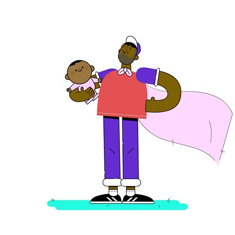 An illustration of a dad holding his baby and wearing a cape like a superhero. His other hand is on his hip.