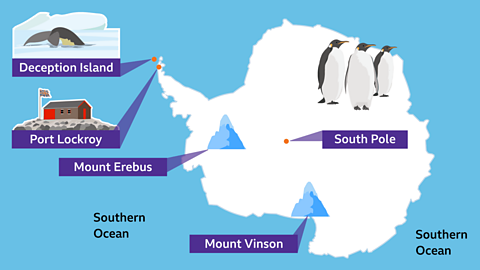 A map of Antarctica showing Mount Vinson, Deception Island, Port Lockroy, Mount Erebus, the South Pole and the Southern Ocean.