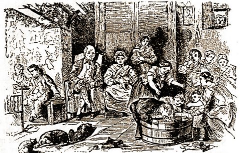 An 18th century engraving showing a family celebrating All Hallows' Eve by bobbing for apples.