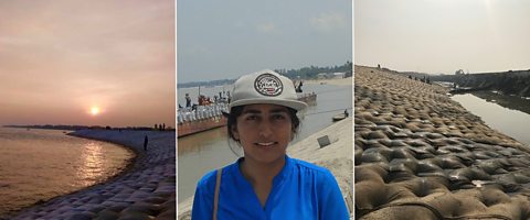 Embankment made of grout-filled jute mattress; putting out geobags in Bangladesh; construction of mattress embankment.