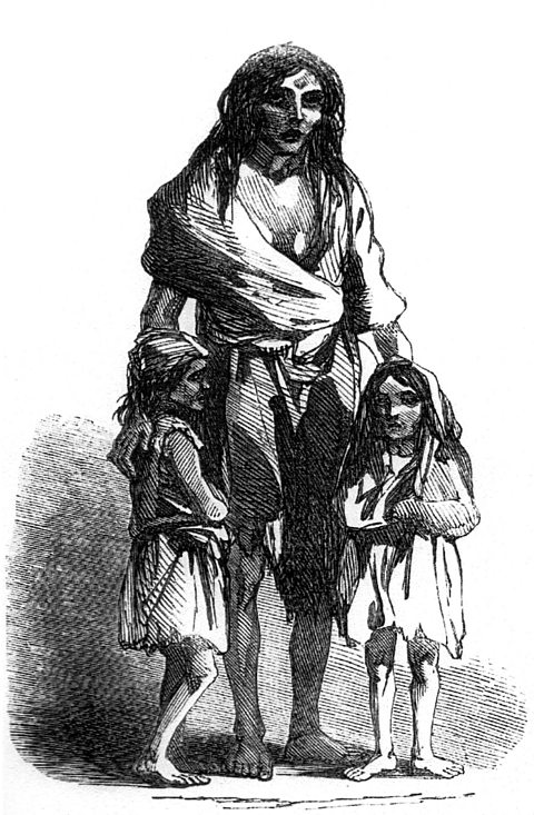 An engraving showing a starving woman, Bridget O'Donnell, and her children during the Great Famine in Ireland. From the 'Illustrated London News', 22nd December 1849.