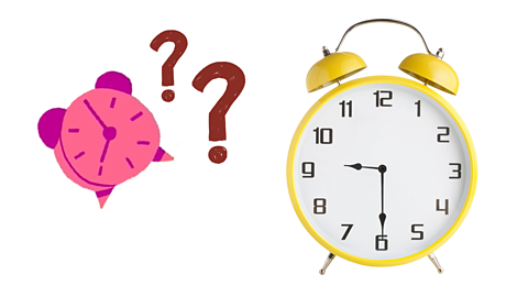 Question marks and a clock that reads 9:30