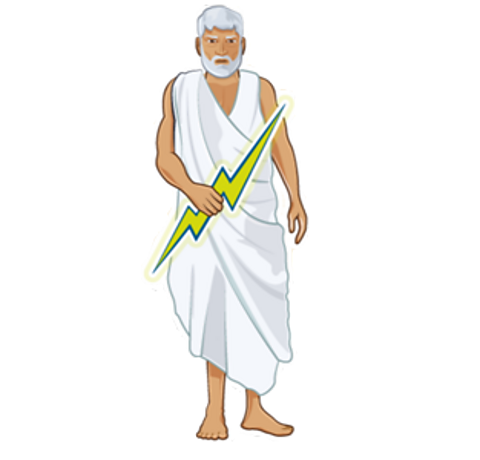 A cartoon of Zeus carrying a bolt of lightning. 