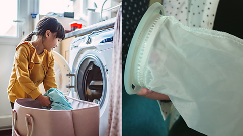 Image of girl putting some washing and another image next to it of a washing machine filter