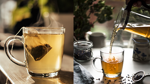 Image of a plastic tea bag next to an image of loose leaf tea