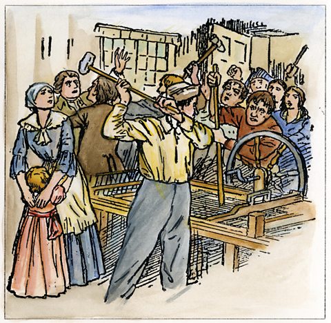 An illustration showing English Luddites smashing a spinning jenny in a textile factory.