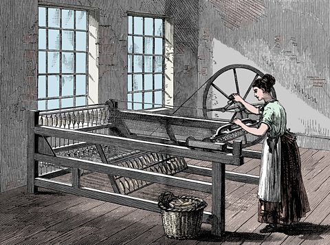 An illustration of a woman using a spinning jenny, c.1880s. 