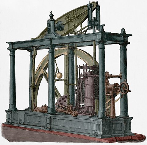 A 19th century engraving of James Watt's steam engine.