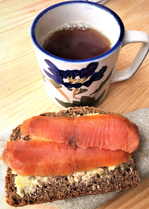 Kate Ryan Barnes's Wild Irish Smoked Salmon on buttered brown soda bread with a cup of tea (Credit: Kate Ryan)