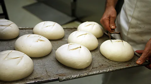 San Francisco Chronicle/Hearst Newspapers/Getty Images Sourdough loaves are being prepped for the oven at Boudin Bakery in San Francisco (Credit: San Francisco Chronicle/Hearst Newspapers/Getty Images)
