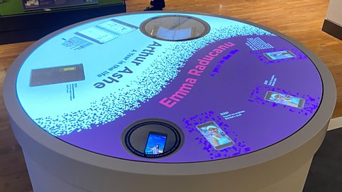 Interactive Display featuring Arthur Ashe's diary and Emma Raducanu's social media posts from 2021