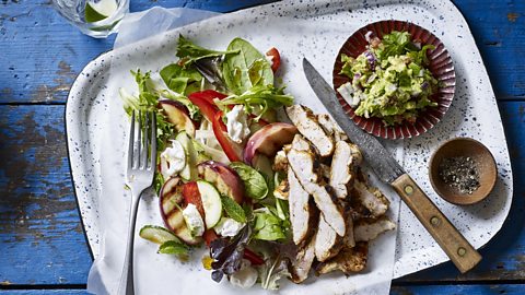 Mesquite chicken with peach salad