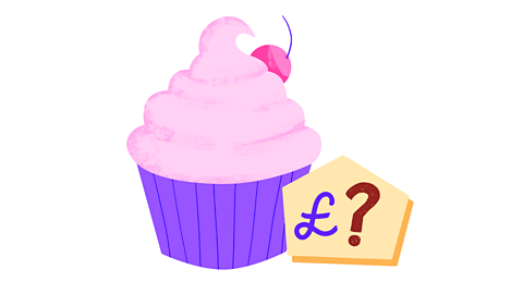 A cupcake and a price tag with a question mark on it