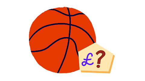 A basketball and a price tag with a question mark