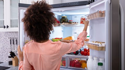 The controversial concept person staring at an open fridge choosing what to eat