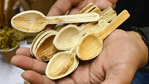 Getty Images An Indian company designed this cutlery made from dried and pressed palm leaves (Credit: Getty Images)