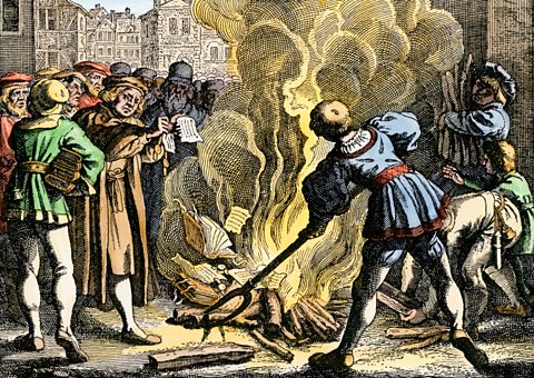 Martin Luther burning a Papal Bull from Leo X that excommunicated him, Wittenberg,1521. Luther's protests at the Catholic Church sparked the Reformation.