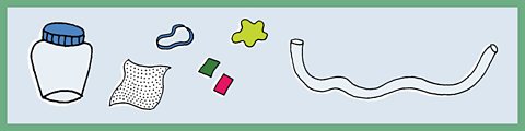 A cartoon of the different materials involved in making a pooter (left to right): jar, gauze, elastic band, green and red stickers/tape, plasticine, clear plastic tubing