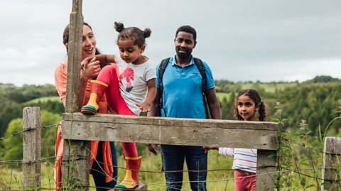 A mother helping one of her daughters get over a small fence, while on a family walk with her husband and other daughter.