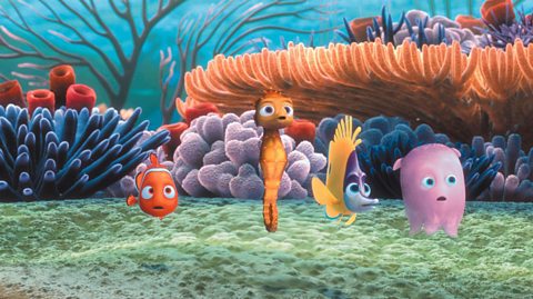 Characters from the cartoon Finding Nemo - a small orange fish, a seahorse and a little pink squid.