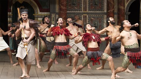 Members of New Zealand’s Ngakau Toa theatre company perform a haka on stage as part of their production of Troilus and Cressida.