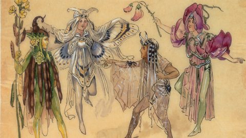 An illustration of four fairies in costumes used for a production of A Midsummer Night's Dream. They are wearing colourful costumes and some of them are carrying flowers.