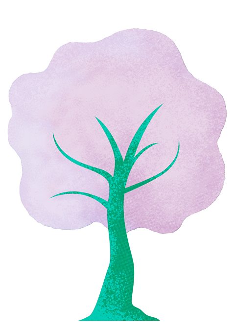 An illustration of a tree. It has a green trunk and purple leaves. 