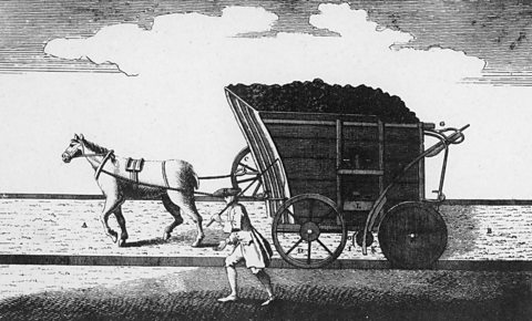 A coal wagon running on rails being pulled by a horse, London Magazine, 1764. 