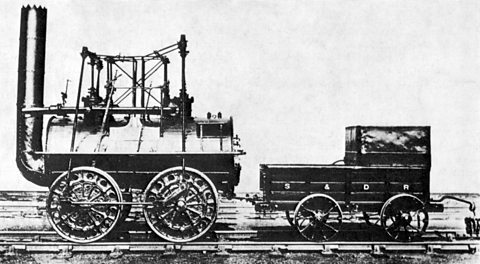 A photograph of the steam locomotive, 'Locomotion No. 1', built by engineer George Stephenson in 1825 for the Stockton to Darlington Railway.