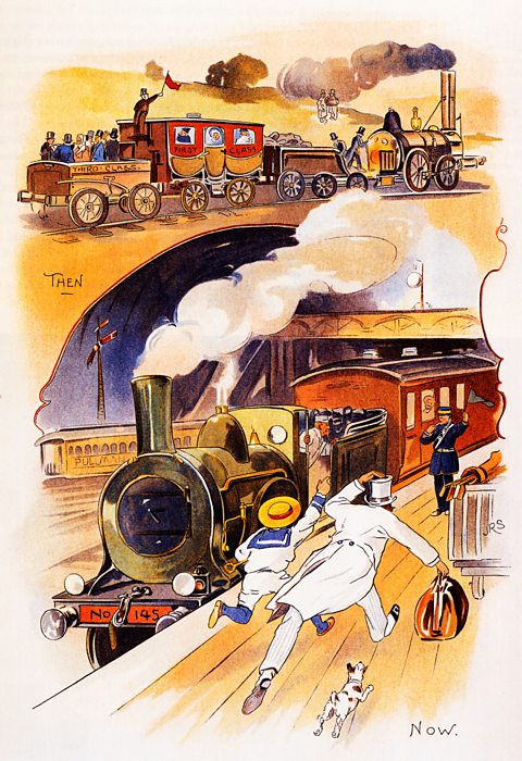 An illustration from 1890 showing the progress in railways - from early steam trains used for industry to trains catering to tourists. From the 'Victorian Toy Book of Dean and Son'.