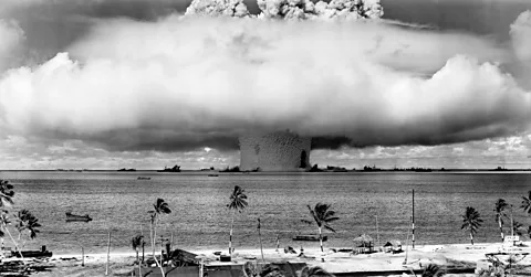 Getty Images The underwater nuclear explosion at the Bikini Atoll in the Marshall Islands resulted in a low, flat mushroom cloud of water and radioactive debris (Credit: Getty Images)