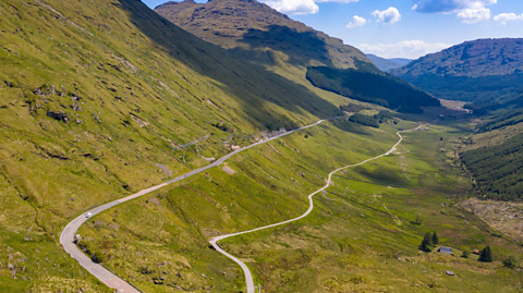 Aerial view of the Rest and Be Thankful road (A83)